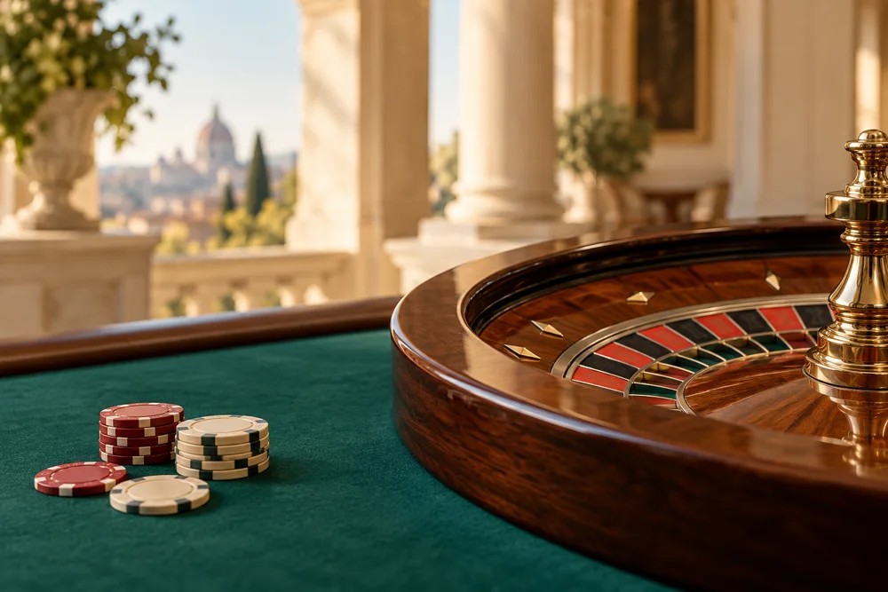 Ruota della roulette e fiches su un tavolo verde