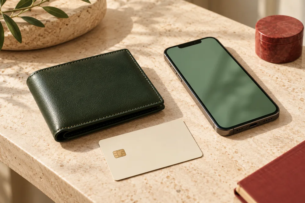 Portafoglio, carta e smartphone per illustrare i metodi di pagamento